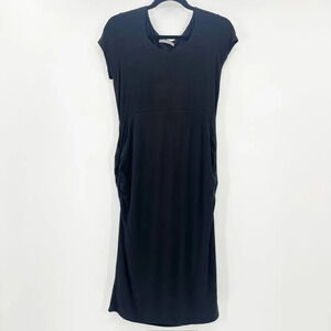 Loveappella‎ Midi Dress Women's Size M Black Cap Sleeve Round Neck Pockets
